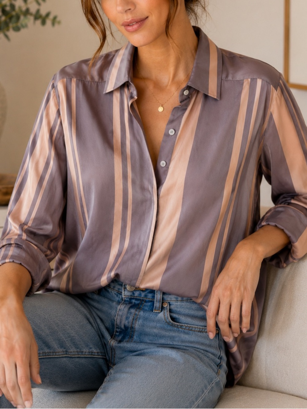 Amanda Uprichard Silk Striped Button Front Blouse